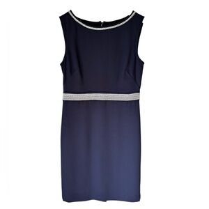 Ann Taylor Navy Blue Embroidered Classic Retro Knee Length Shift Dress Size 0